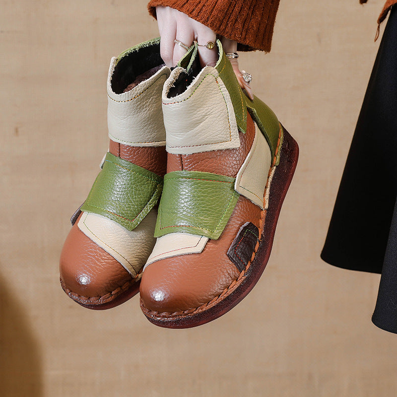 kamames Head Layer Cowhide Flat Bottom Recreational Women's Boots National Wind Color Leather Short Boots Warm Comfortable Cotton Shoes