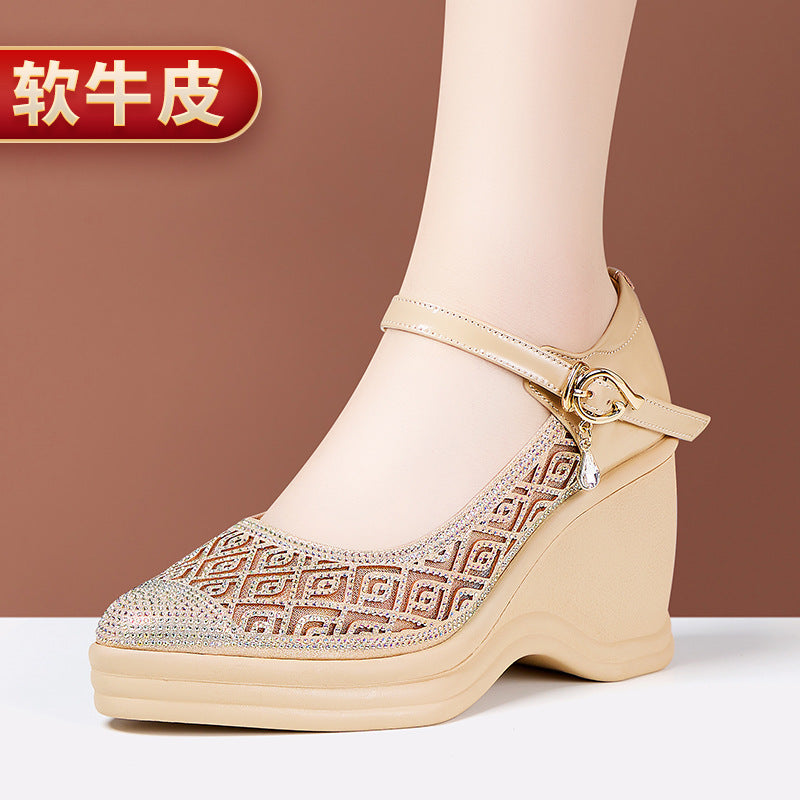 kamames Heel Water Drill Sandals 2024 Summer New Soft-Soled High-Heeled Thick-Soled Waterproof Platform One-Word Buckle Comfortable Hollowed-Out Single Shoes