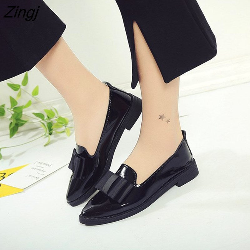 kamames Flats Women Shoes Bowtie Loafers Patent Leather Women's Low Heels Slip On Footwear Female Pointed Toe Thick Heel
