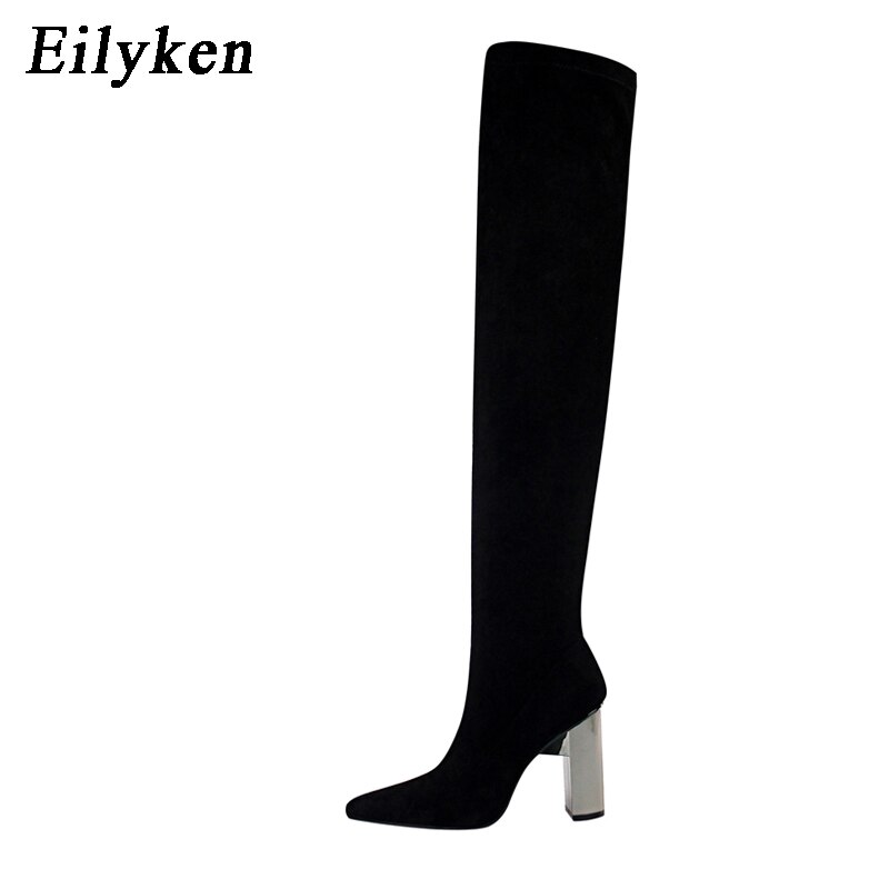 kamames Designer Stretch Cloth Women Over-the-knee Boots Metal Square High Heel Shoes Sexy Pointed Toe Ladies Motorcycle Booties