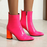 kamames Red Black Women Boots Fashion Pantet Leather Sqaure High Heel Ankle Boots Pointed Zipper Candy colors Ladies Shoes