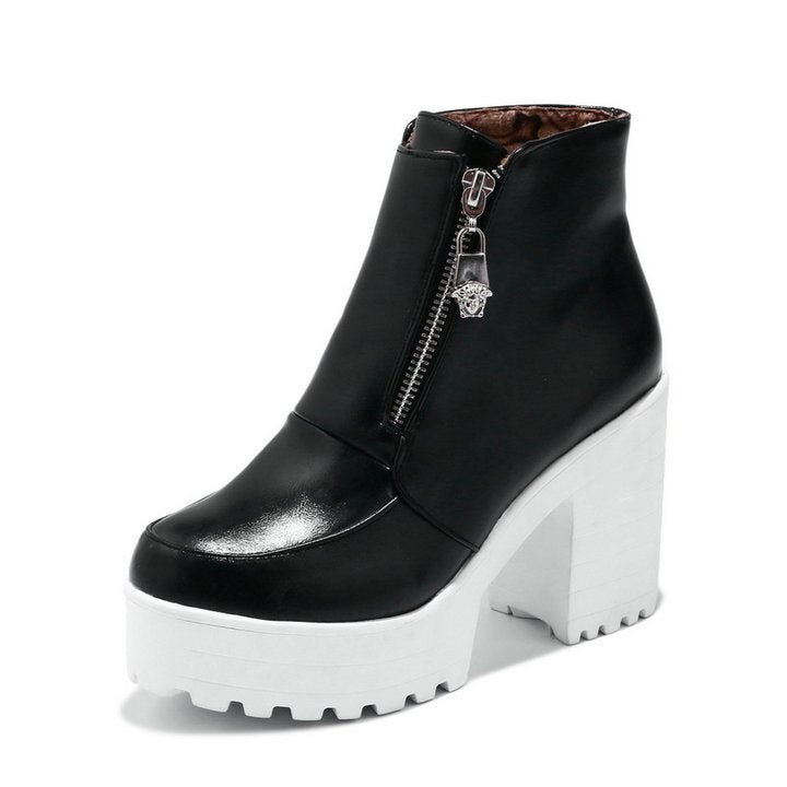 kamames Sgesvier Black White Platform Ankle Boots for Women High Heels Boots Ladies Zip Autumn Winter Booties Woman Boots Shoes 2020