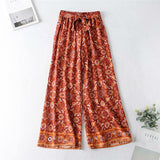 kamames Queens Women Floral Print Wide Leg Bohemian Pant Ladies Sashes Loose Rayon Cotton Boho Long Pants Oversize