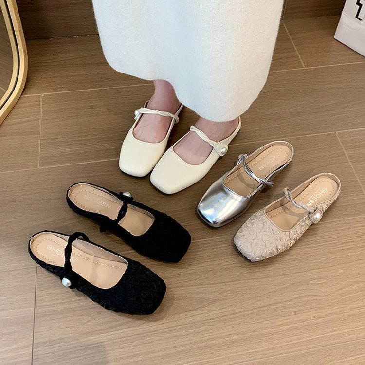 kamames Gentle Semi-Slippers Flat-Soled Shoes Women's Bag Head With A Soft Sole Silver Mary Jane Women's Shoes Temperament Word Flip-Flops