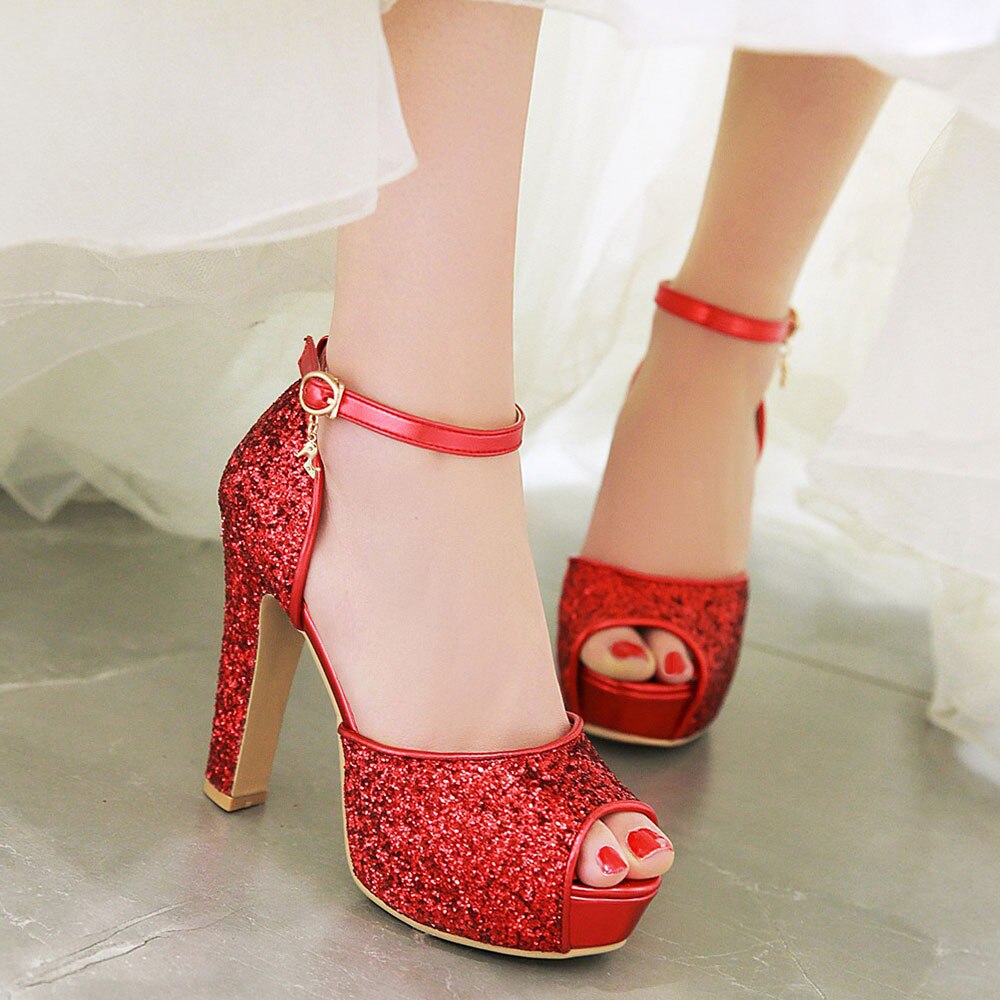 kamames SGESVIER Women New Summer Sandals Sexy Bride Wedding Party Shoes Peep Toe Thick Heel Platform Red Gold Sandals Shoes Woman OX362