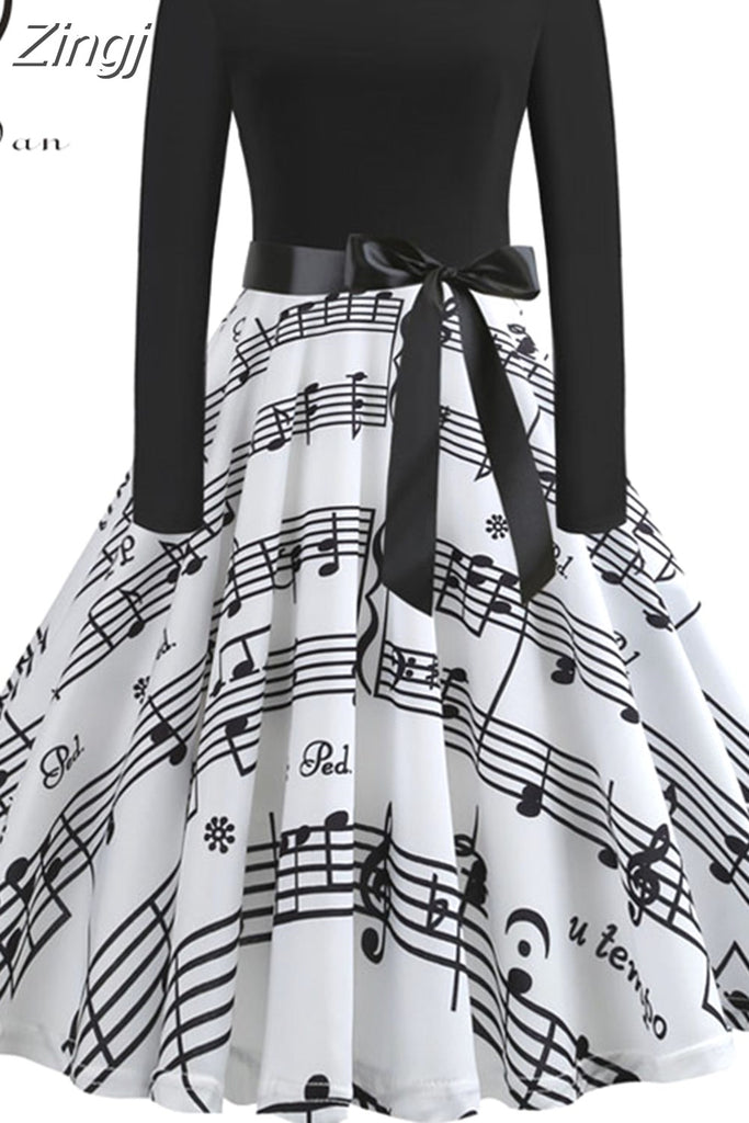 kamames Print Vintage Women New Spring Elegant Party Long Sleeve Casual Black Patchwork Midi Dress