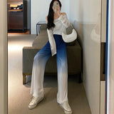 kamames Gradient Color Wide Leg Pants Women Summer Thin Pleated Straight Trousers High Waist Elastic Streetwear Women Y2k Pants