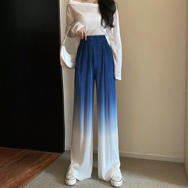 kamames Gradient Color Wide Leg Pants Women Summer Thin Pleated Straight Trousers High Waist Elastic Streetwear Women Y2k Pants