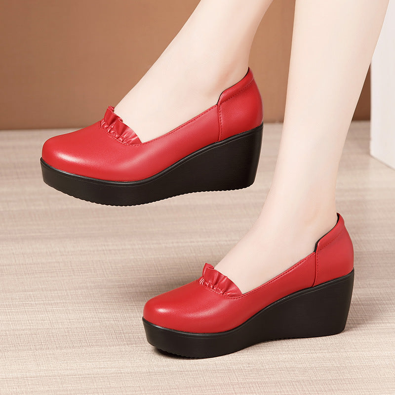 kamames Head, Soft Soles, Middle-Aged, Middle-Aged, Single Shoes, Women's Waterproof Table, Thick Soles, Medium Heels, Large Slope Heels, Women's Shoes.