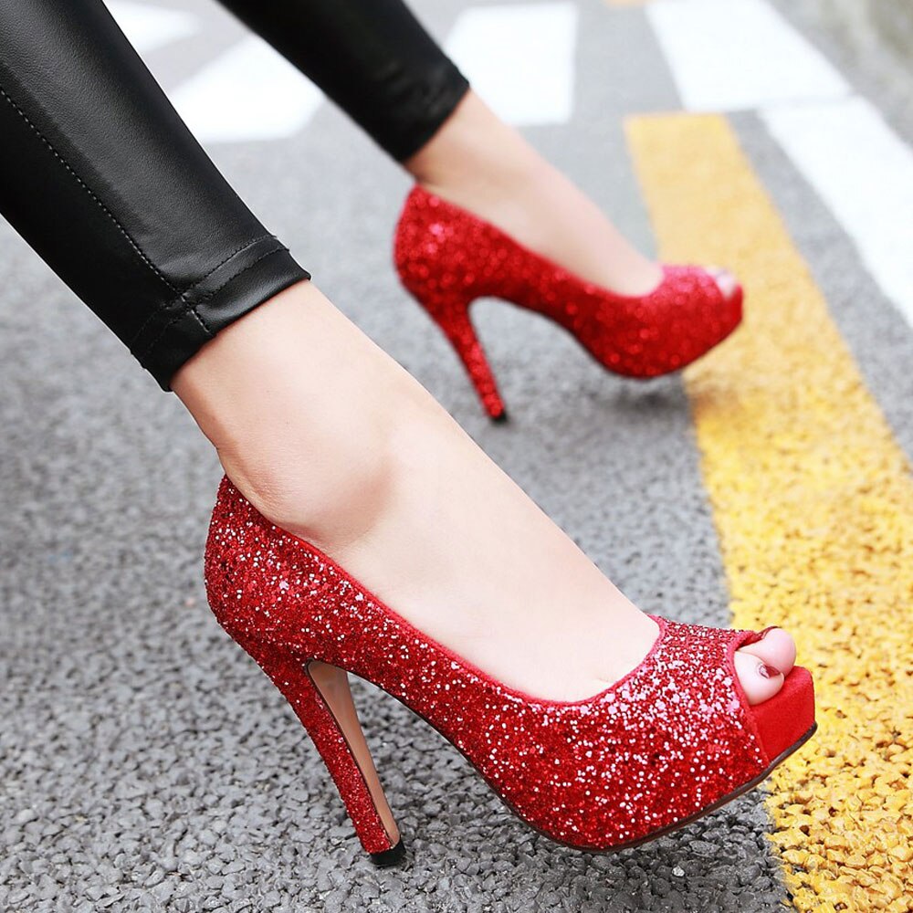 kamames Sgesvier Sexy Super Thin High Heel Glitter Peep Toe Women Pumps Ladies Prom Bling Platform Shoes Elegant Autumn Single Shoe B429