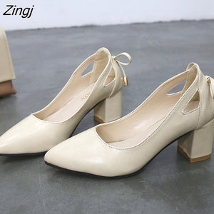 kamames Quality Women Pumps Pure Color Square High Heels 6CM Fashion Black Leather Shallow Wedding Shoes Woman Large Size 44