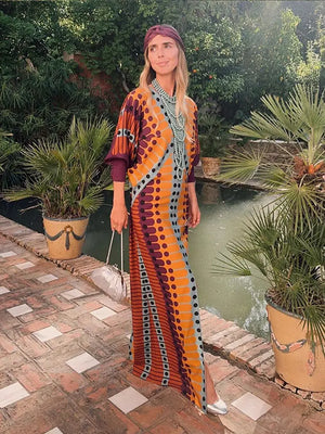 kamames Ethnic Style V Neck Slit Maxi Dresses Women Patchwork Dot Printed Long Sleeve Loose Dress 2024 Chic Summer Street Robes