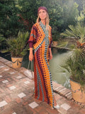 kamames Ethnic Style V Neck Slit Maxi Dresses Women Patchwork Dot Printed Long Sleeve Loose Dress 2024 Chic Summer Street Robes