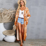 kamames Printed Fringed Long Kimono Dress Bikini Wrap Cover-ups Plus Size Women Summer Clothes Beach Wear Swim Suit Cover Up A1098