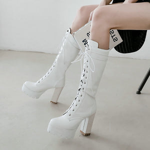 kamames Platform Lacing Knee High Boots Women Square High Heel Motorcycle boots Woman Pu Leather Shoes Autumn Winter Ladies Shoe