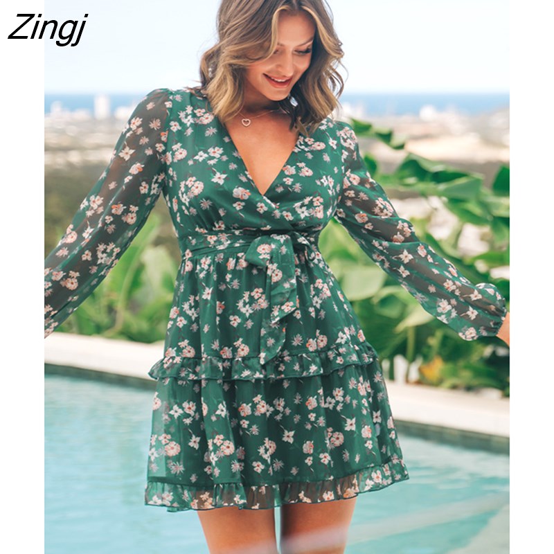 kamames Floral Chiffon V-neck Ruffle Mini Dress Women Sexy Belted Long Sleeve A-line Holiday Beach Dress 2023 Summer Female Dress