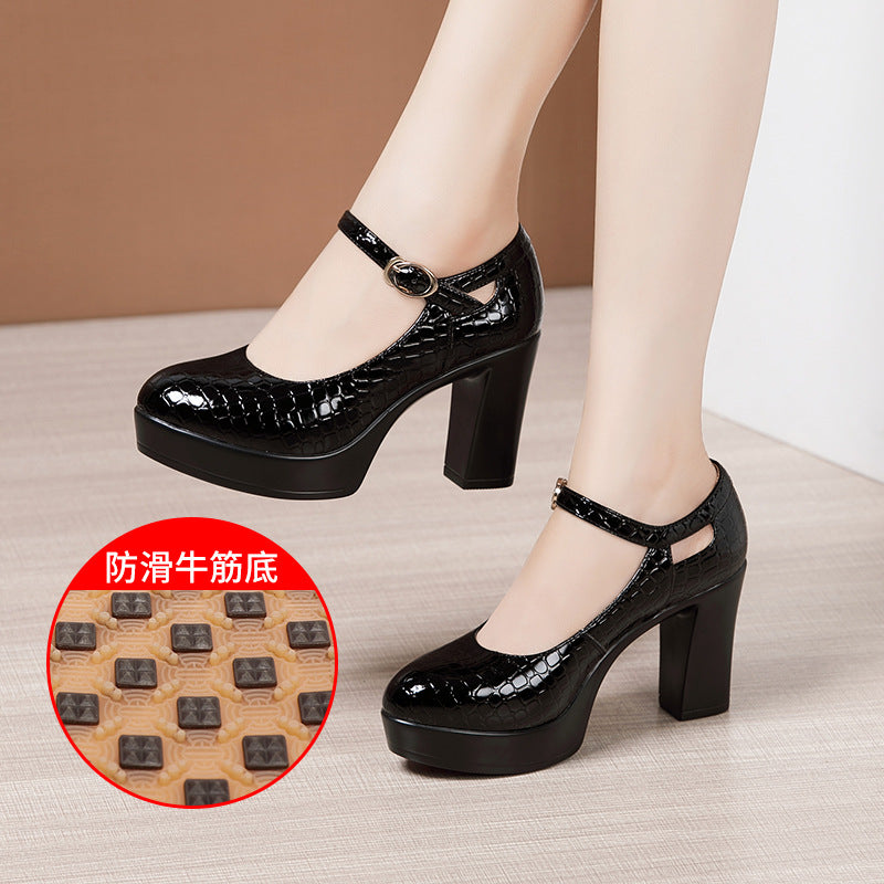 kamames Round-Headed Cheongsam Model Training Walking Shoes Female Crocodile Skin Thick-Soled Waterproof Platform Large-Size Work Shoes