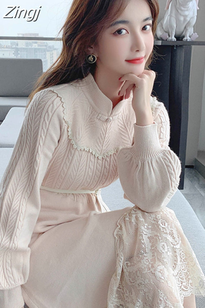 kamames Dresses for Women Party Long Sleeve Midi Patchwork Knitted Sweater Dress Lace Stand Collar A-Line Chinese Style Winter 2023