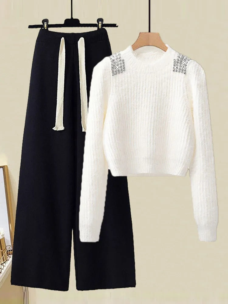 kamames Fall Winter Knitwear Two Piece Sets For Women Outfits Ladies Elegant Diamond Sequined Knitted Sweater And Warm Pants Sets
