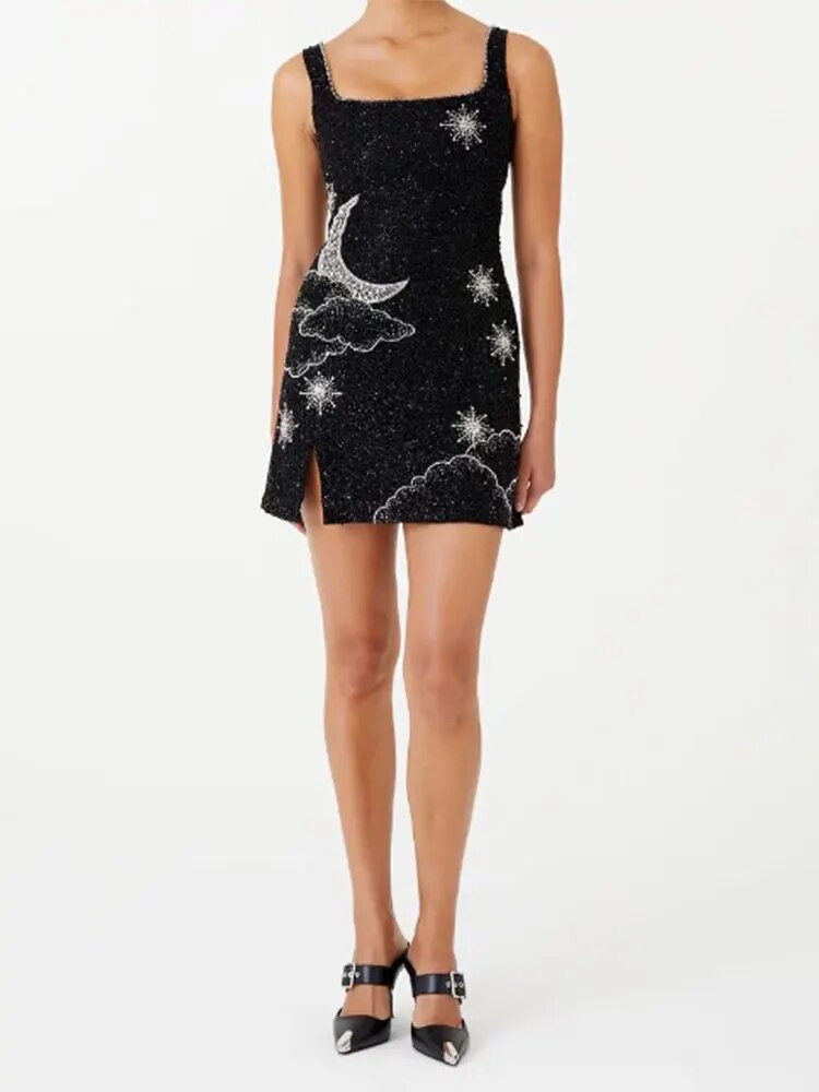 kamames Sequins Printed Sling Mini Dress Women Backless Sleeveless Slim Splited A-line Dresses 2024 Fashion Lady Party Vestidos