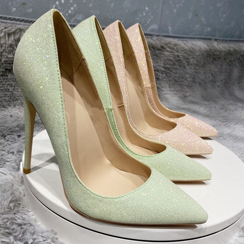 kamames green Gretel bling stiletto shoes 12cm 10cm 8cm high heels pointed toe handmade good quality women pumps LF029 ROVICIYA