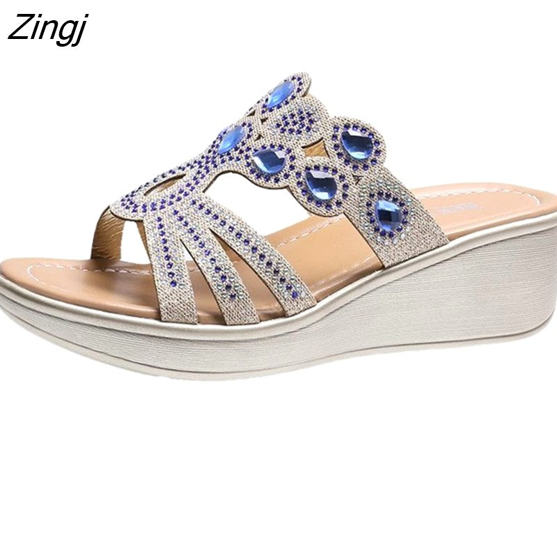 kamames Sandals Women 2023 Ladies Boho Slides Women Slippers Sandals Summer Crystal Shoes Peep Toe Flat Sandals