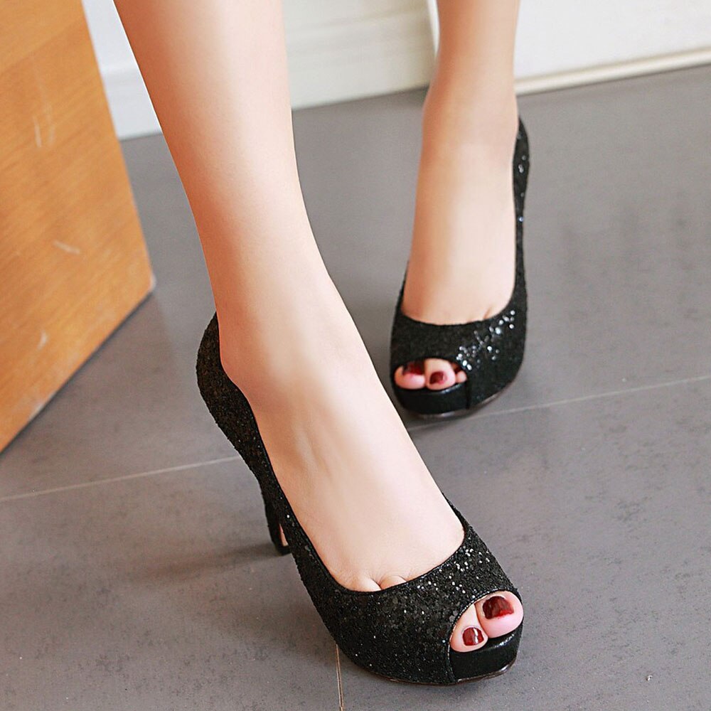 kamames Sgesvier Sexy Super Thin High Heel Glitter Peep Toe Women Pumps Ladies Prom Bling Platform Shoes Elegant Autumn Single Shoe B429