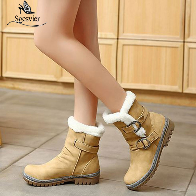 kamames Fashion Winter Boots Women Snow Boots Flat Heels Winter Shoes Warm Fur Boot Mid-Calf Spring Autumn Women's Shoes Plus Size 46