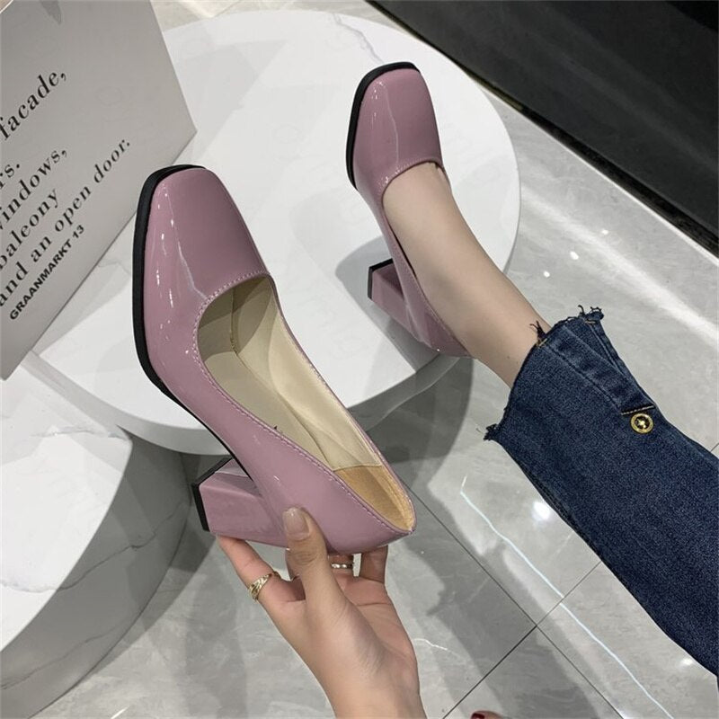 kamames heels women's 2022 spring new fashion square head thick heel shallow mouth work OL single shoes large size women's shoes