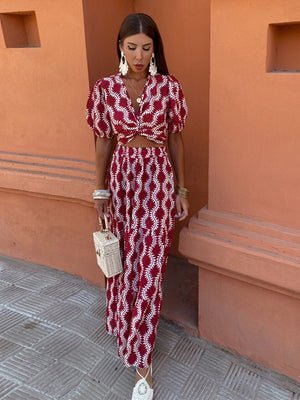 kamames Elegant Print Ruffle Hem Maxi Dress For Women Fashion V-neck Puff Short Sleeve Hollow Out Robe 2024 Lady Vacation Vestido