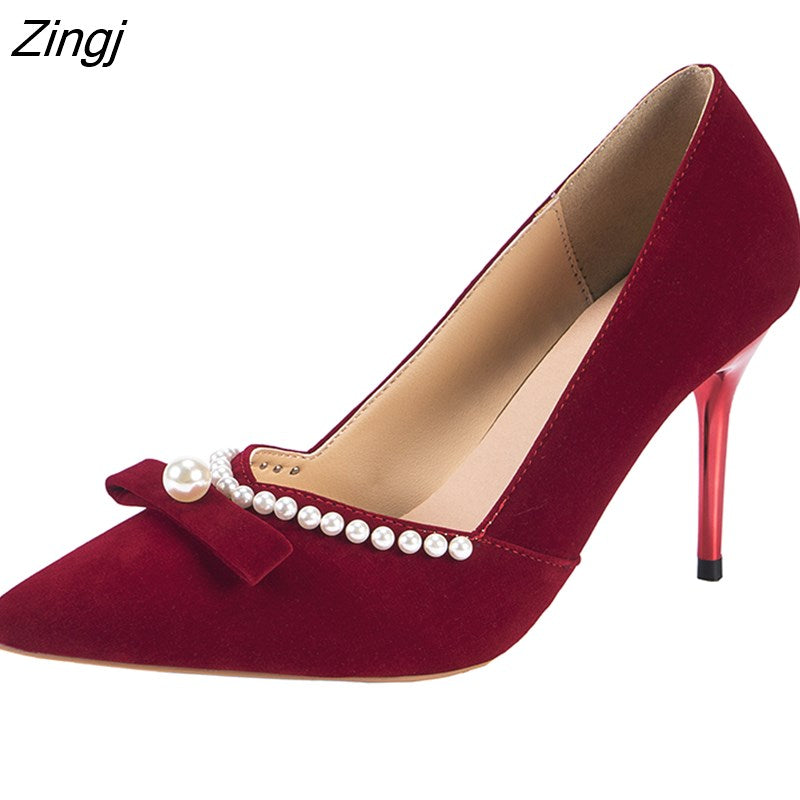 kamames Red Velvet Pearls Pumps Woman Sexy Pointed Toe Thin High Heels Party Wedding Shoes Women Spring 2023 Zapatos Lady