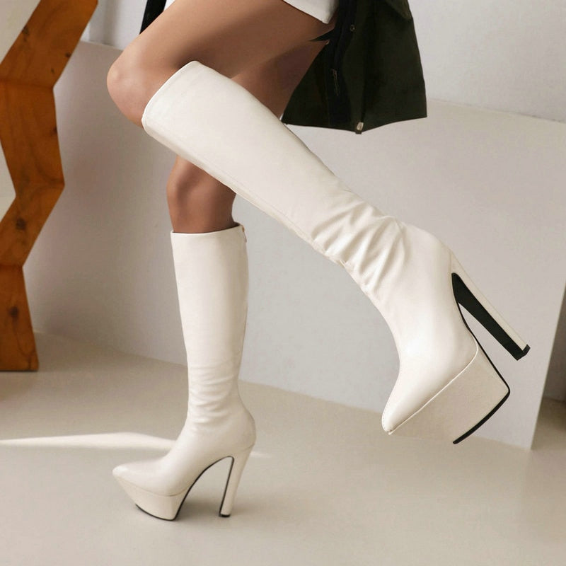 kamames Fashion Women Knee High Boots Bright Pu Platform Super High Heel Motorcycle Boots Pointed Toe Zipper Autumn Winter Shoes