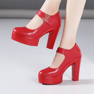 kamames Cowhide Cheongsam Model Catwalk High Heels Women's Non-Slip Round Head Thick-Soled Waterproof Platform Professional Work Shoes Women's Singles Shoes
