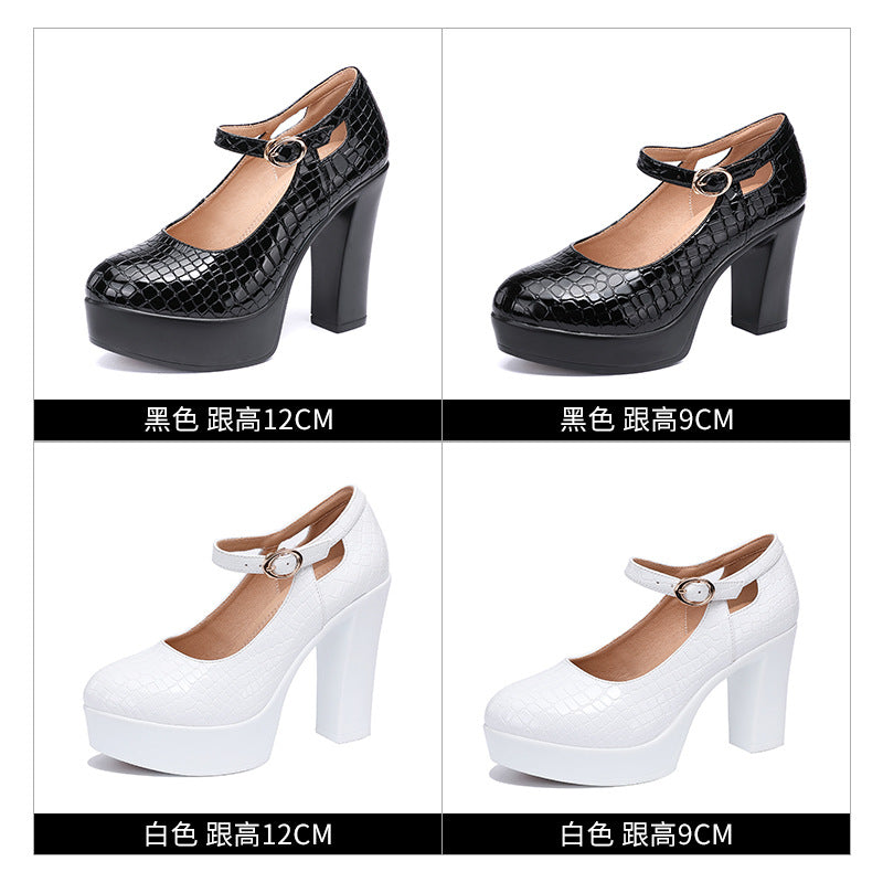 kamames Round-Headed Cheongsam Model Training Walking Shoes Female Crocodile Skin Thick-Soled Waterproof Platform Large-Size Work Shoes