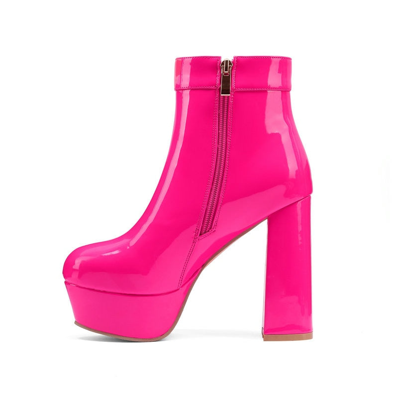 kamames Fashion Platform Women Ankle Boots Bright Pu Leather Square High Heel Punk Boots Autumn Winter Shoes Pink White Black Red