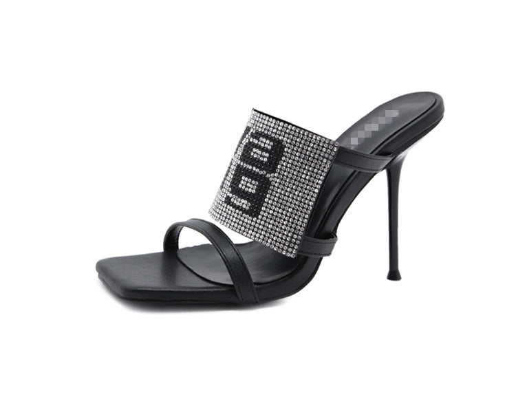 kamames Sandals Women 2022 Luxury Brand Letter Fashion Summer Sexy Crystal Rhinestone High Heels Stiletto Wedding Shoes Woman Slippers