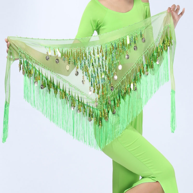 kamames Dance Hip Skirt Scarf For Wrap Waist Belt Bling Golden Coins Sequins Tassels Dance Accessories Chiffon fringe scarf