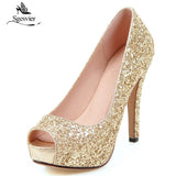 kamames Sgesvier Sexy Super Thin High Heel Glitter Peep Toe Women Pumps Ladies Prom Bling Platform Shoes Elegant Autumn Single Shoe B429