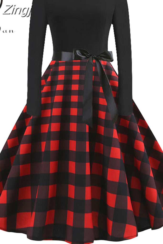 kamames Print Vintage Women New Spring Elegant Party Long Sleeve Casual Black Patchwork Midi Dress