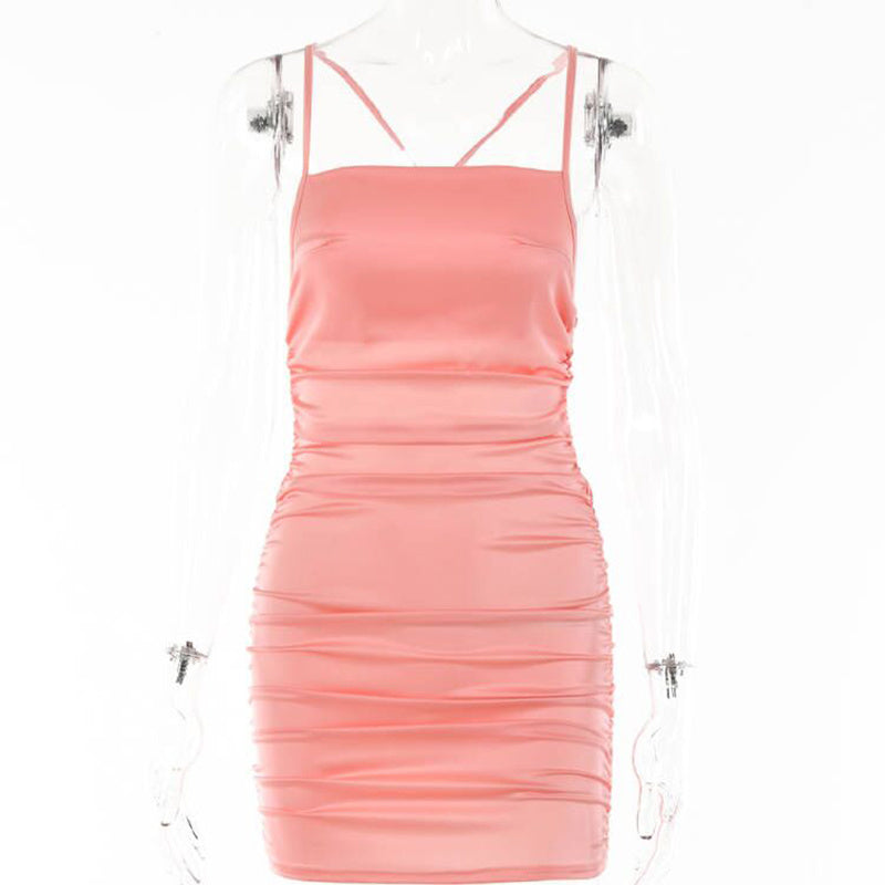 kamames Satin Spaghetti Strap Mini Dress Women's Sexy Backless Bandage Bodycon Dresses Women Ruched Night Party Club Dress