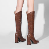 kamames Fashion Knee High Boots Autumn Winter Women Pu Leather Square High Heel Western Boots Pointed Toe Zipper Woman Shoes White