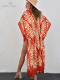 kamames Printed Fringed Long Kimono Dress Bikini Wrap Cover-ups Plus Size Women Summer Clothes Beach Wear Swim Suit Cover Up A1098