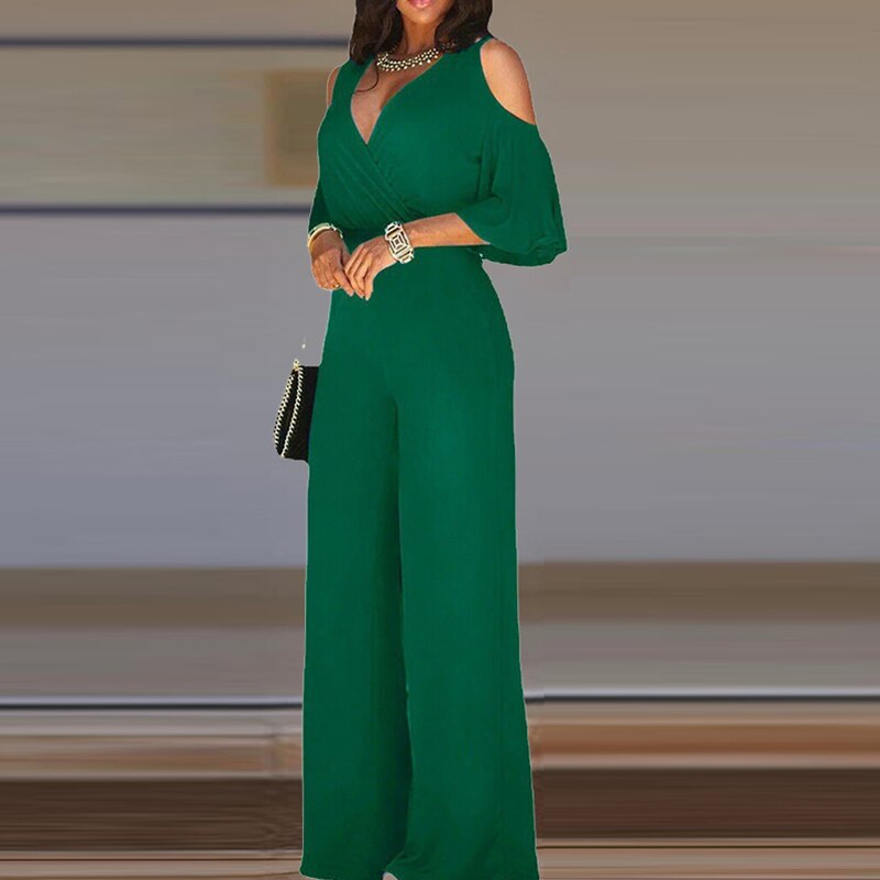 kamames Hollow Off Shoulder Romper Women V Neck Half Sleeve Solid Romper Overall Fashion High Waisted Belt Wide Leg Pants Jumpsuit