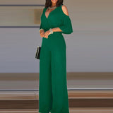 kamames Hollow Off Shoulder Romper Women V Neck Half Sleeve Solid Romper Overall Fashion High Waisted Belt Wide Leg Pants Jumpsuit