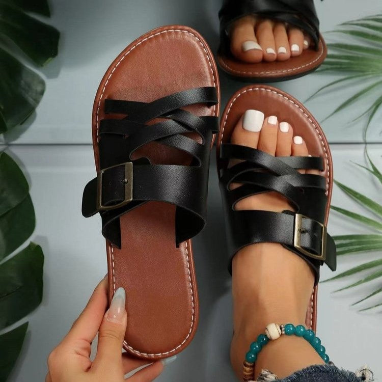 kamames Summer New Women's Sandals Slippers Flat-Soled Roman Lace-Up Sandals Non-Slip Rubber Soles Fashion Women's Shoes