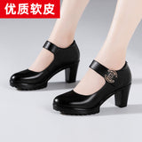 kamames Cowhide Cheongsam Model Catwalk High Heels Women's Non-Slip Round Head Thick-Soled Waterproof Platform Professional Work Shoes Women's Singles Shoes