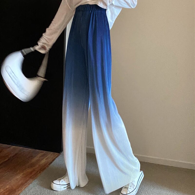 kamames Gradient Color Wide Leg Pants Women Summer Thin Pleated Straight Trousers High Waist Elastic Streetwear Women Y2k Pants