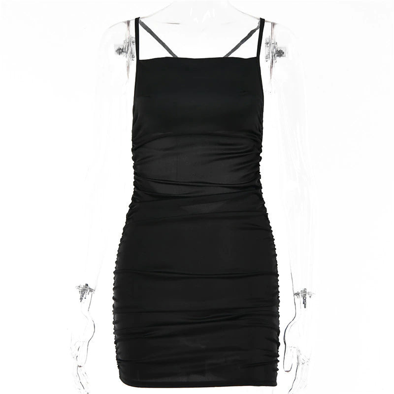 kamames Satin Spaghetti Strap Mini Dress Women's Sexy Backless Bandage Bodycon Dresses Women Ruched Night Party Club Dress