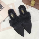 kamames Rabbit Fur Slippers Mules Pointed Toe Elegant High heels Shoes Women's Autumn New Furry Slides Flip Flops Office Work Shose