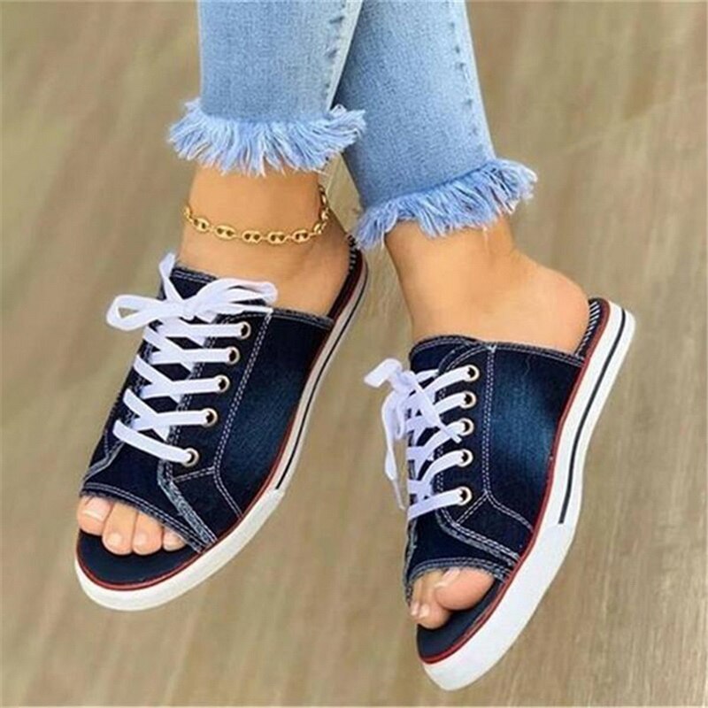 kamames summer open-toe fish mouth denim lace-up shoes casual flat shoes ladies large canvas slippers